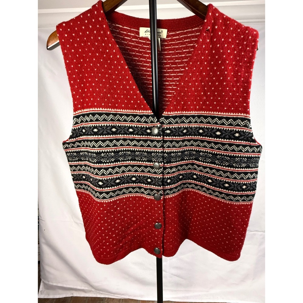 Eddie Bauer Womens L Red Wool Fair Isle Sweater Vest Vintage Grandmacore Rustic